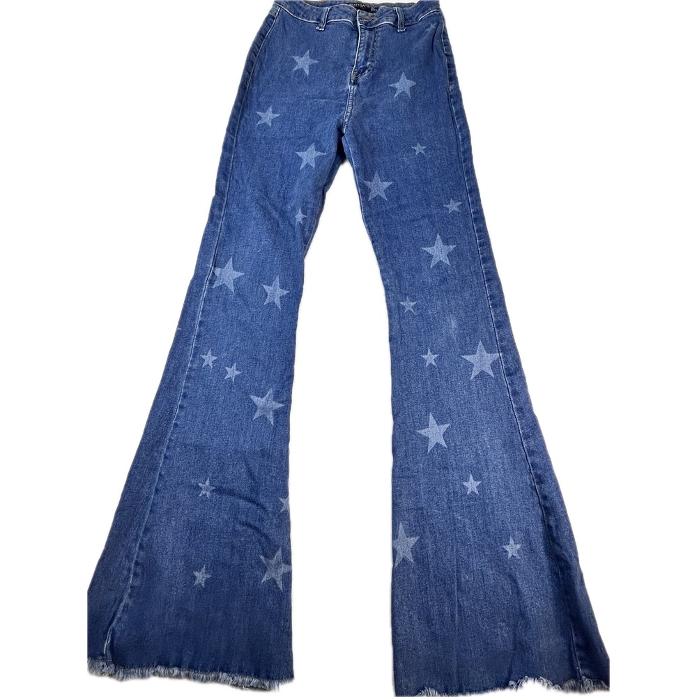 Nasty Gal Denim Star Print Flare Jeans Blue High Waisted Bell Bottoms Size 8